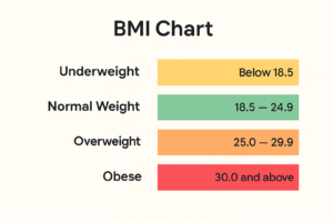 Color-coded BMI chart image used in the BMI Calculator to categorize body weight ranges as underweight, normal weight, overweight, or obese based on BMI score.