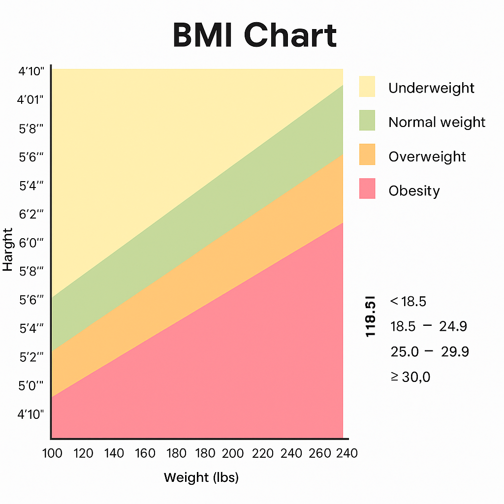 BMI Chart showing weight and height ranges for underweight, normal weight, overweight, and obesity categories